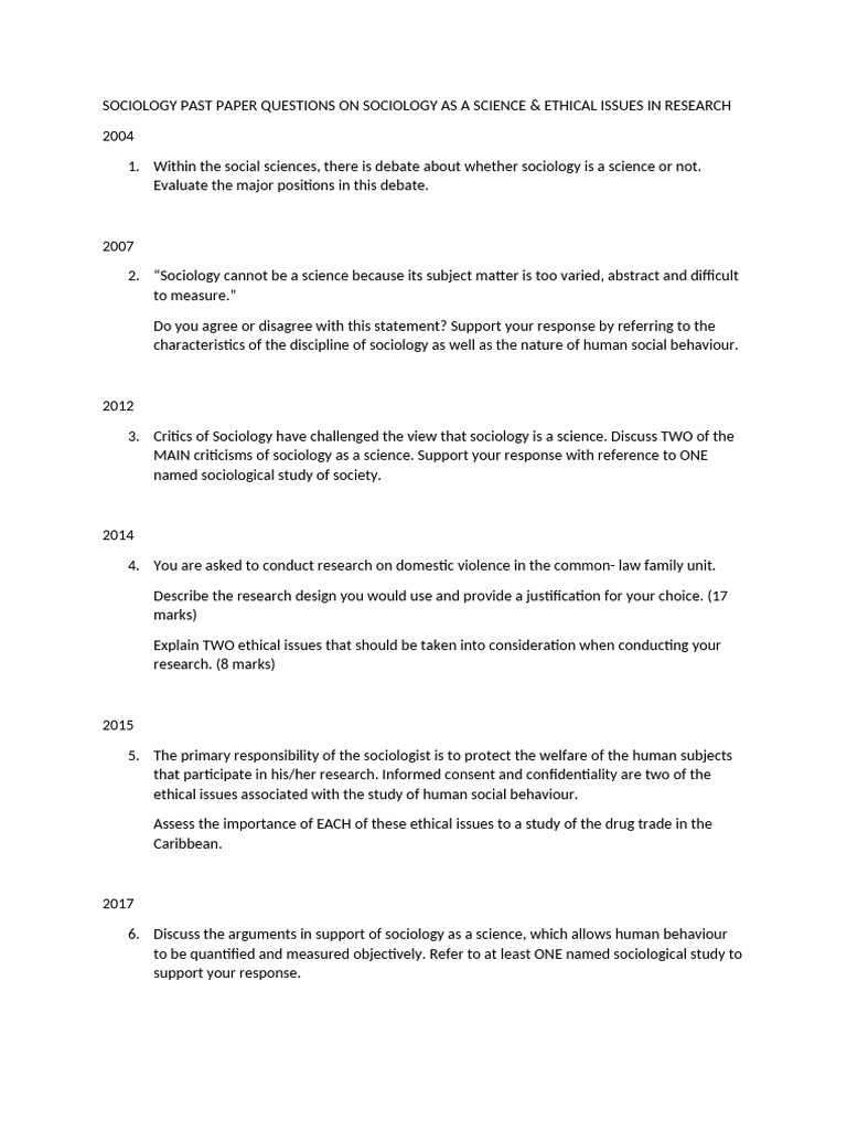 Sociology Past Paper Questions On Sociology As A Science | PDF