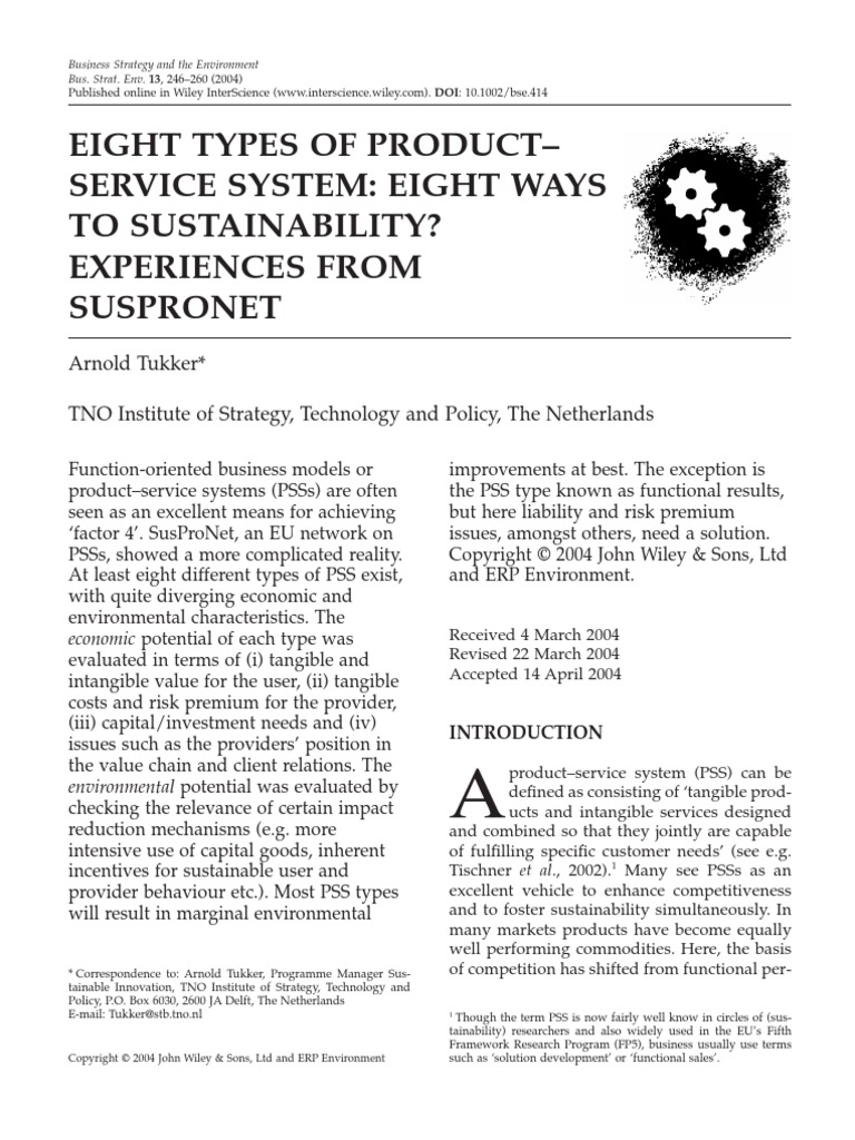 Tukker - 2004 - Eight Types of Product-Service System Eight Ways To ...
