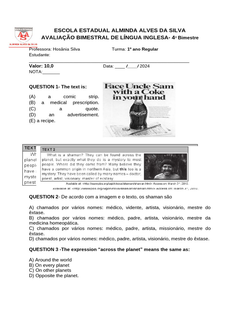 Avaliação de Língua Inglesa - 1º Ano | PDF