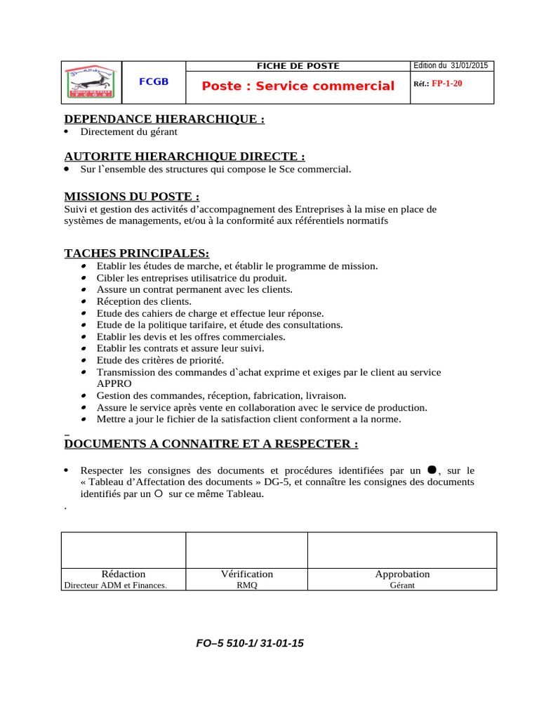 Fiche de Poste : Service Commercial | PDF | Business