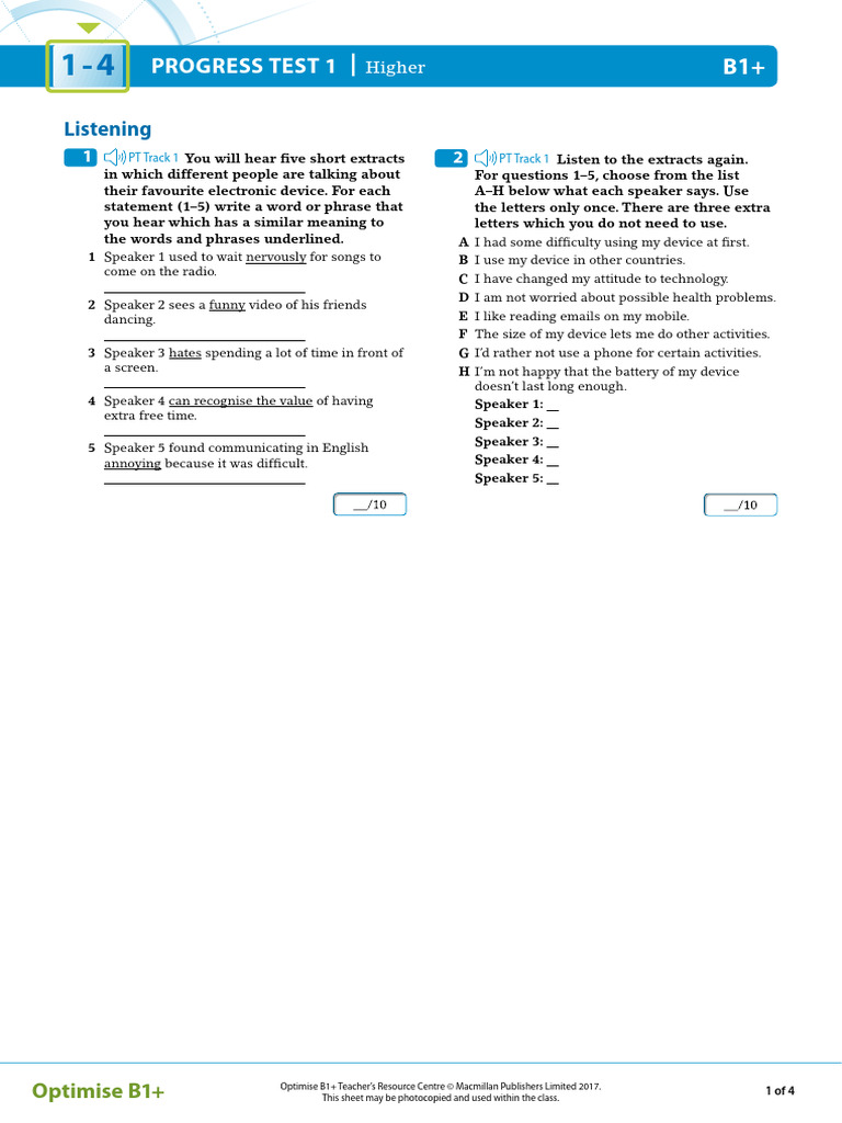 B1+ Progress Test: Listening & Reading | PDF | Human Communication