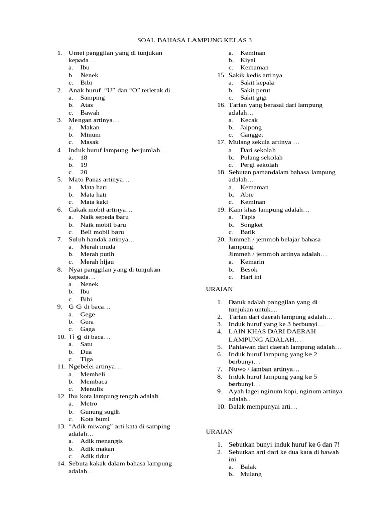Contoh Soal Bahasa Lampung Kelas 3 SD