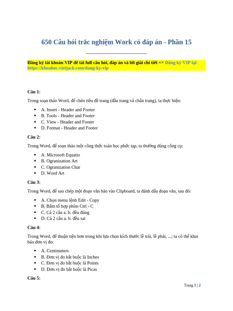 650 Cau Hoi Trac Nghiem Work Co Dap An Phan 15 - 2024 - 11 - 21 | PDF