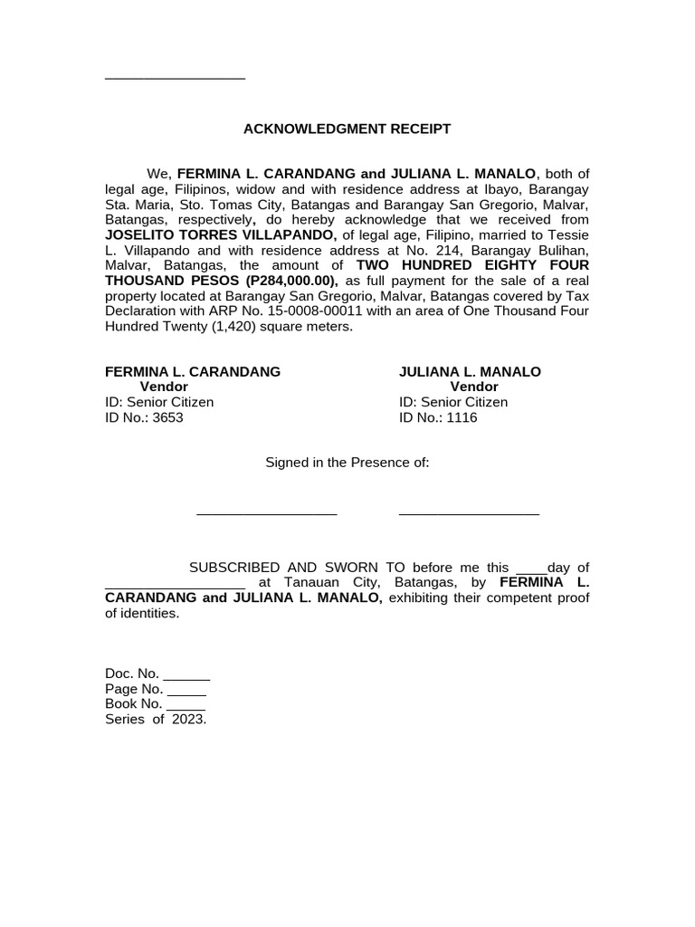 Acknowledgment Receipt for Property Sale | PDF | Law
