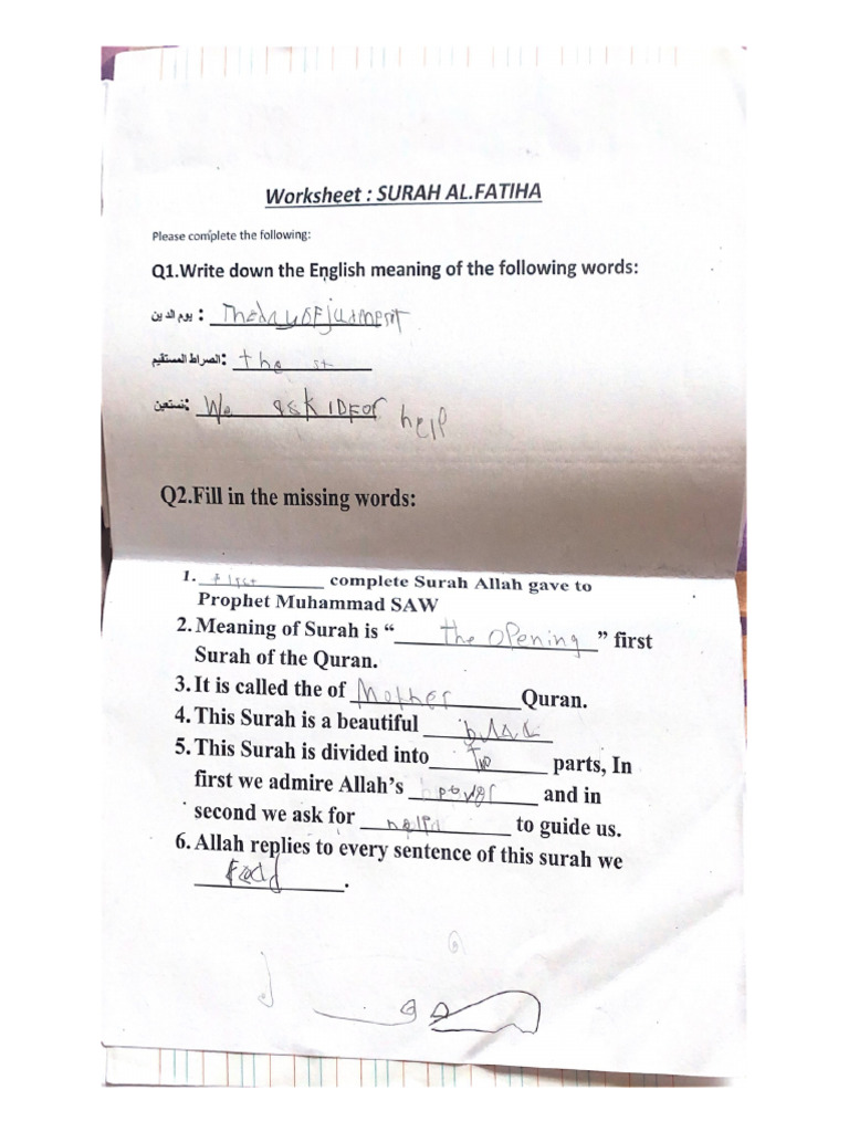 Worksheet Surah Al Fatiha PDF