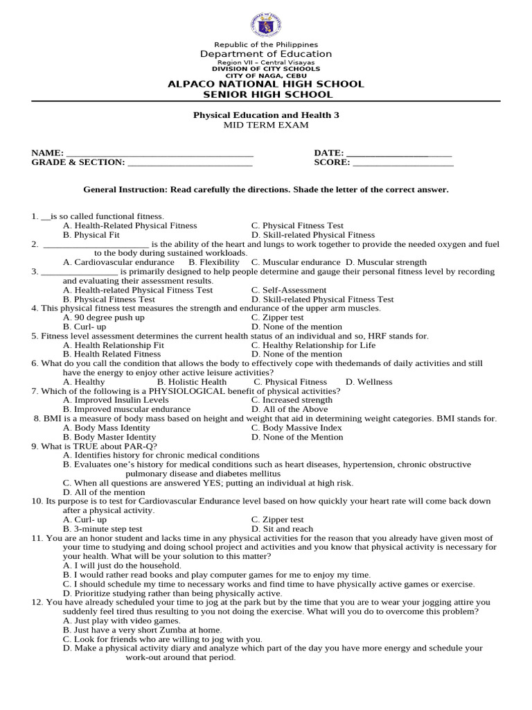 PE3 Midterm | PDF | Body Mass Index | Physical Fitness