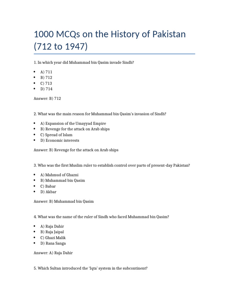 1000 MCQs on Pakistan's History | PDF | All India Muslim League | Sindh