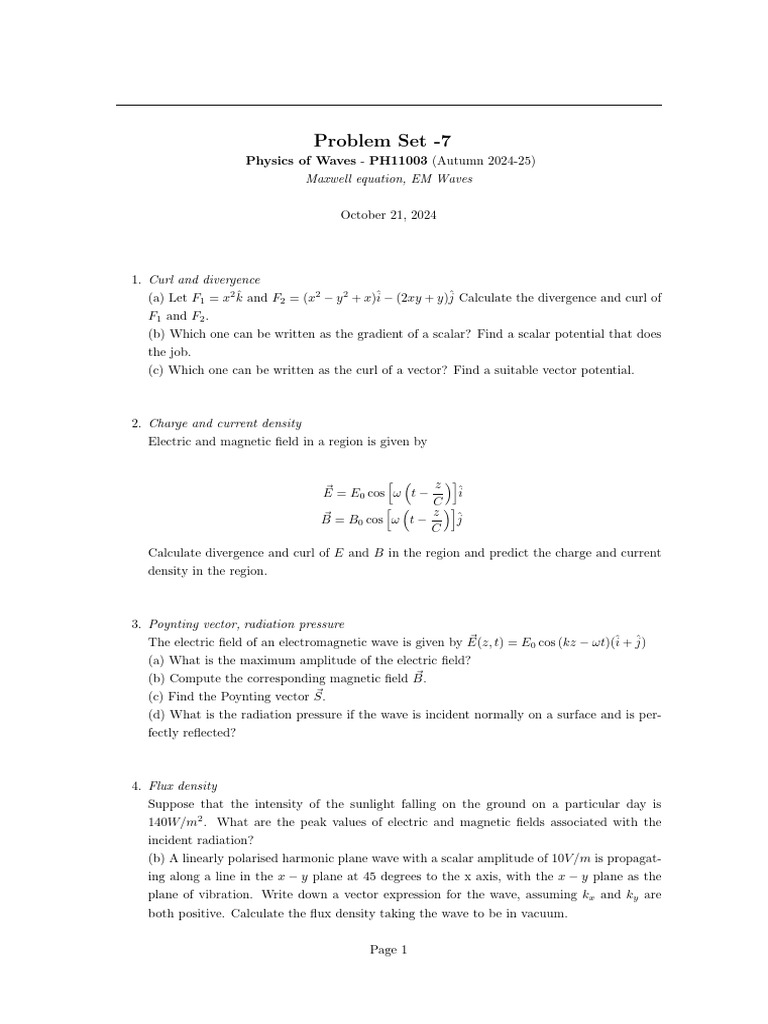 EM Waves Problem Set - PH11003 | PDF | Waves | Electromagnetic Radiation
