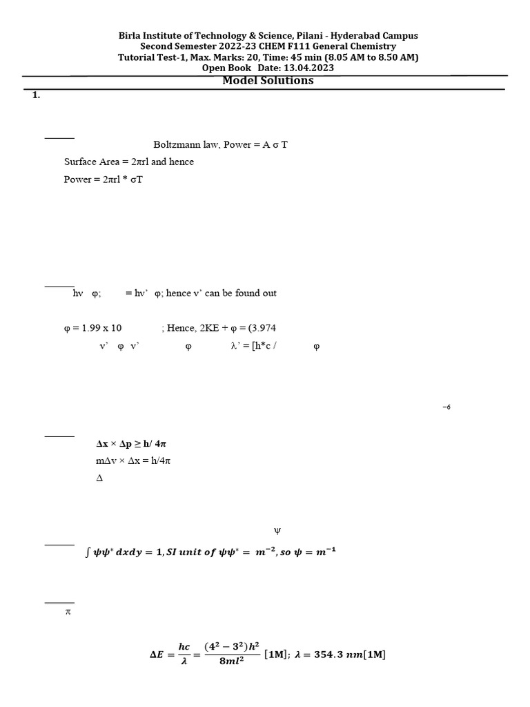Tutorial Test 1 - 11-04-23 - Solutions | PDF | Atomic Orbital ...