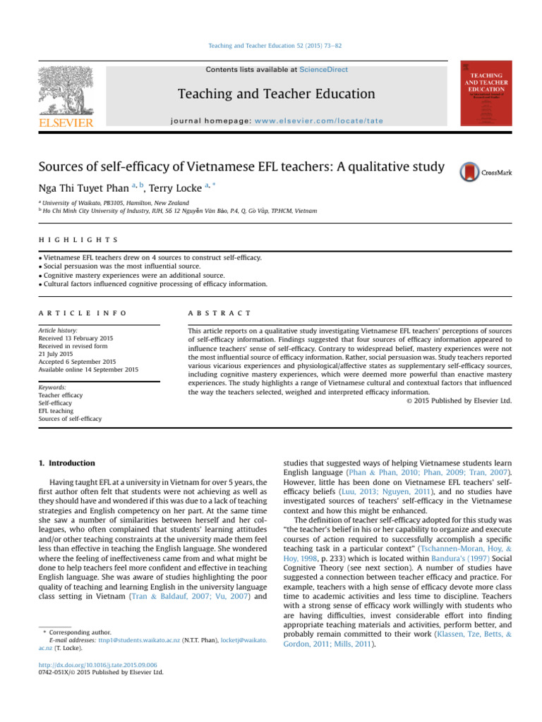 Vietnamese EFL Teachers' Self-Efficacy Sources | PDF | Self Efficacy ...