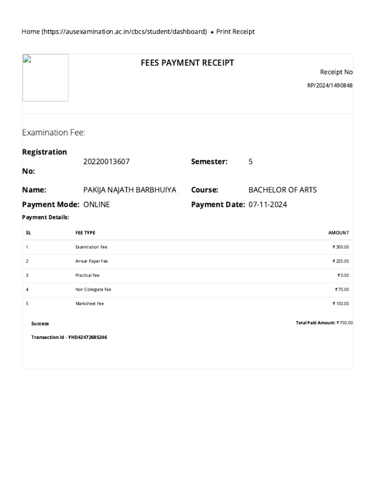 Examination Fee Payment Receipt | PDF