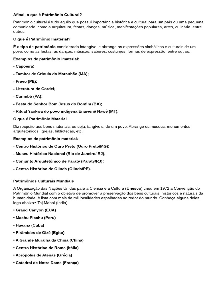 O que é Patrimônio Cultural? | PDF | Herança cultural