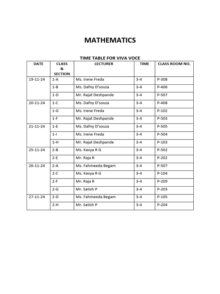 Viva Time Table Mathematics | PDF