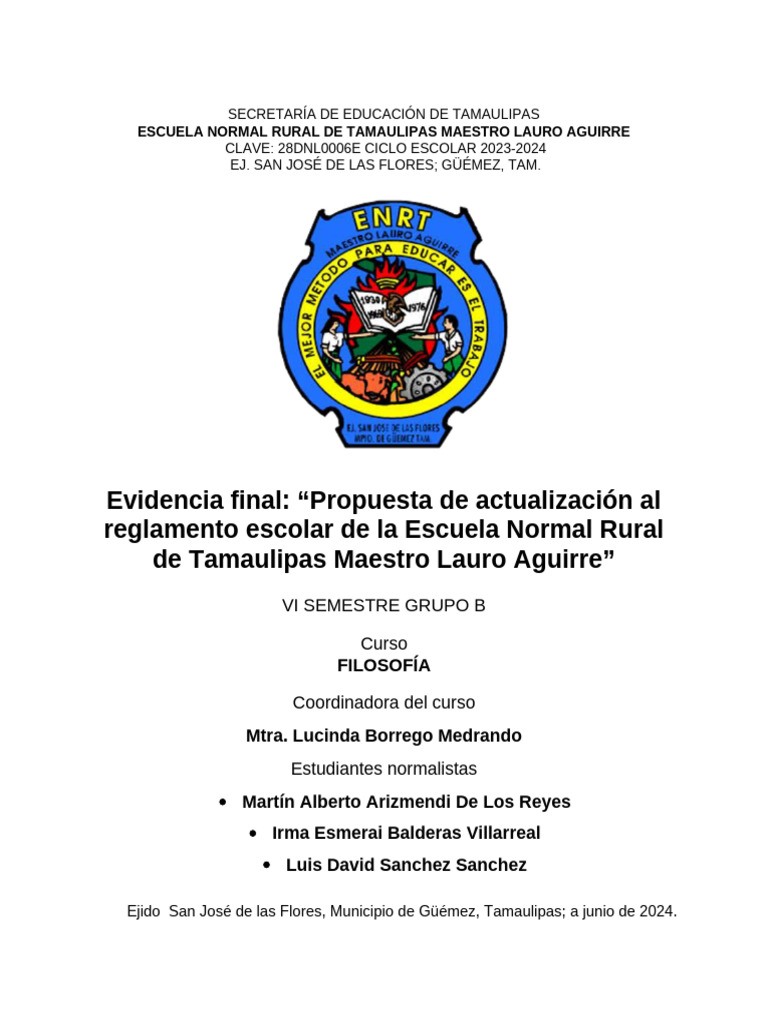 Propuesta de Reglamento Escolar ENRT | PDF | Escuelas | Institución