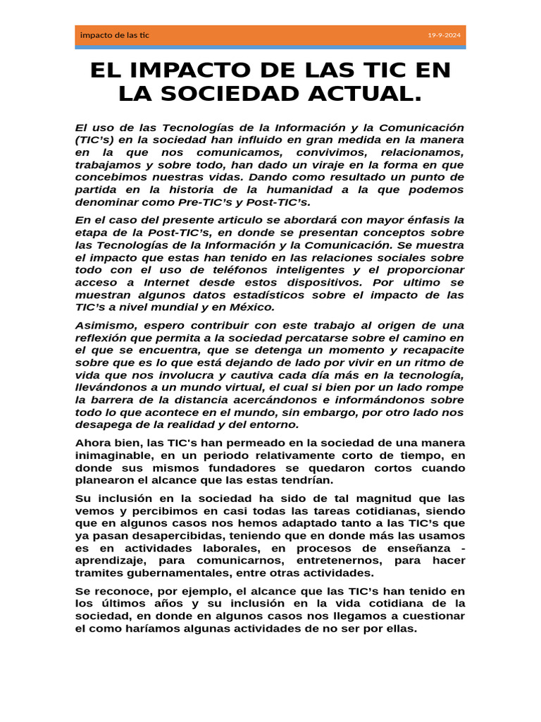 Impacto de las TIC en la Sociedad Actual | PDF | Tecnología de ...