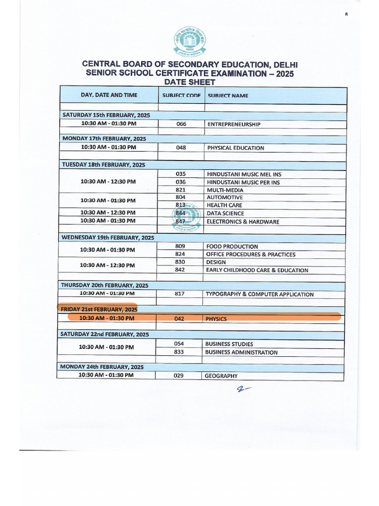 Date Sheet Main Exam 2025 | PDF