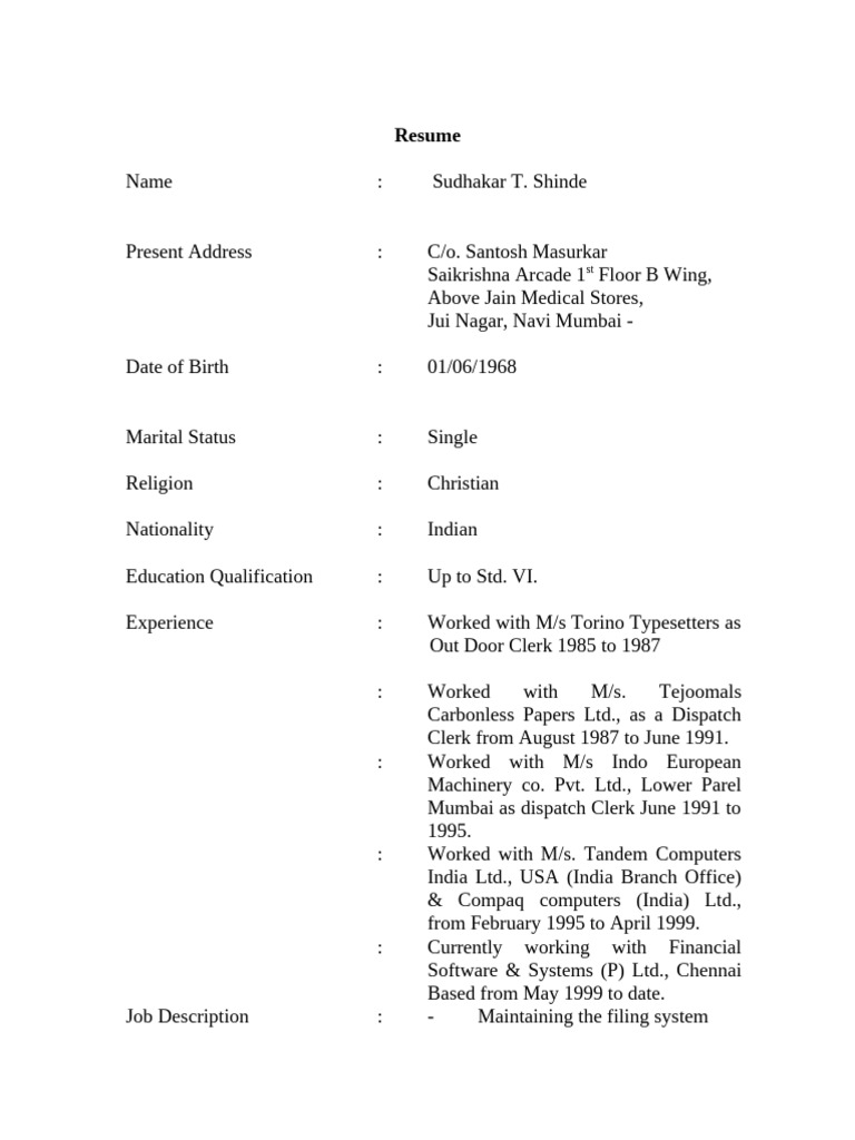 Resume of Sudhakar T. Shinde | PDF