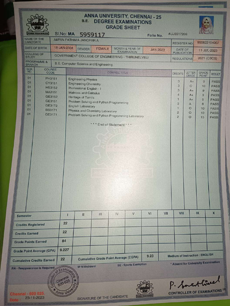 Anna University Graduation Marksheet | PDF | Science