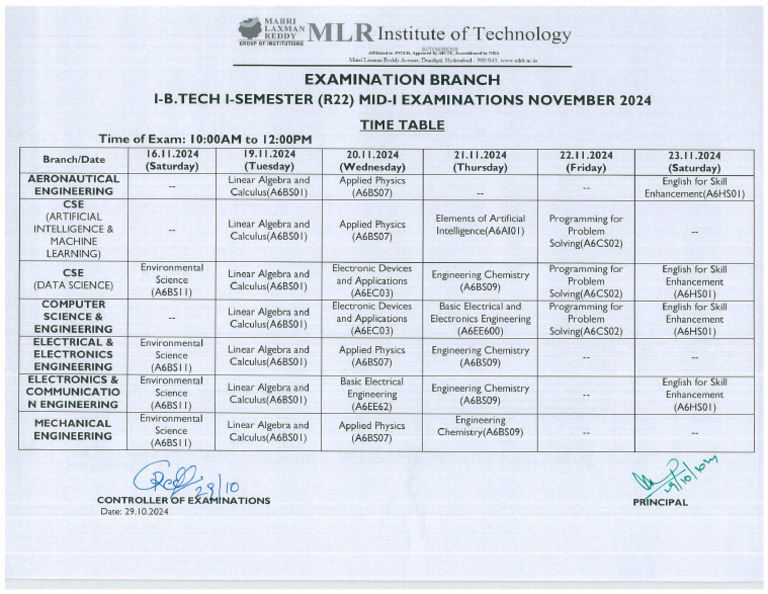 I I B.Tech MID I Examination Time Table Nov 2024 | PDF