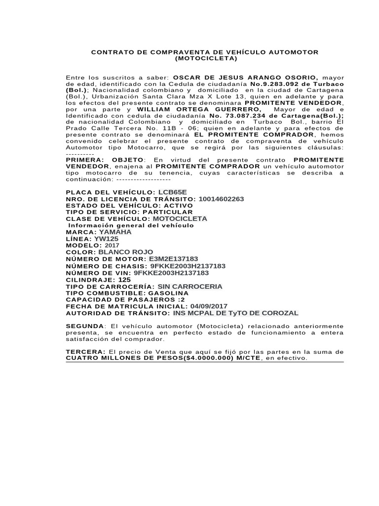 Contrato de Compraventa de Motocicleta | PDF | Finanzas y dinero | Derecho