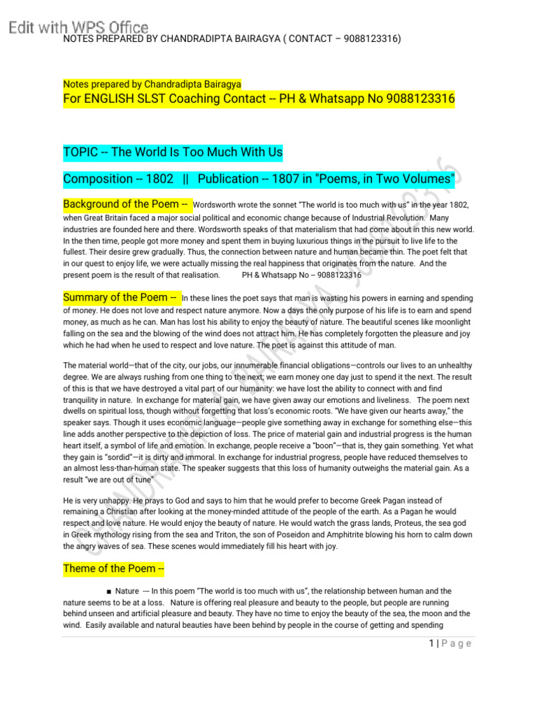 Themes in "The World Is Too Much With Us" | PDF | Sonnets | Poetry