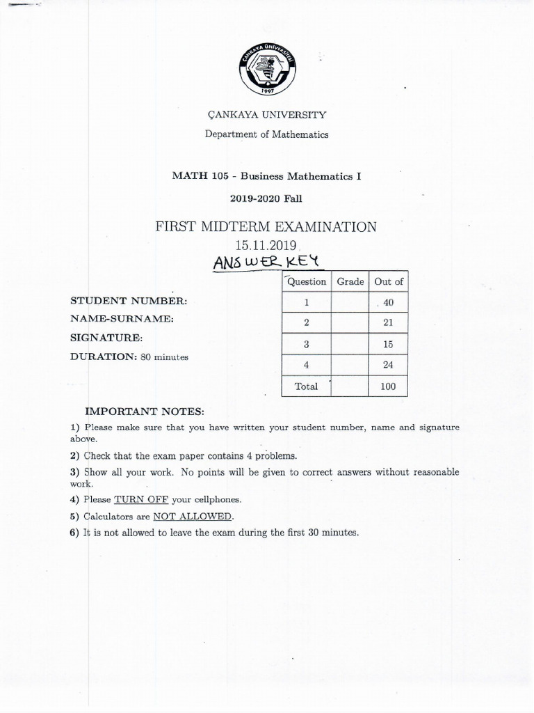 Math105 - MID1 KEY (19 20fall) | PDF