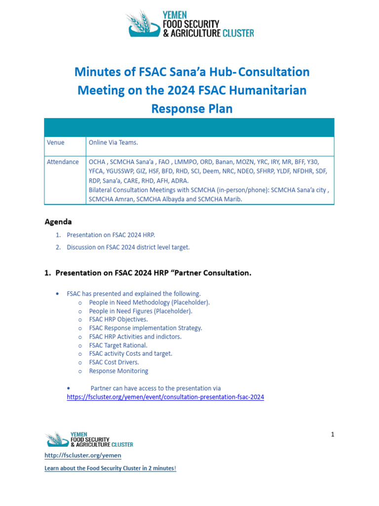 FSAC 2024 Humanitarian Response Meeting | PDF | Social Science