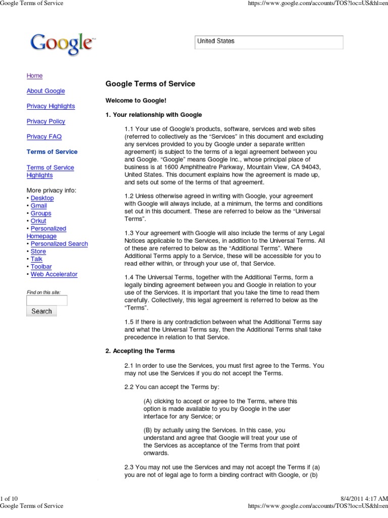 Google Terms of Service Google Contractual Term