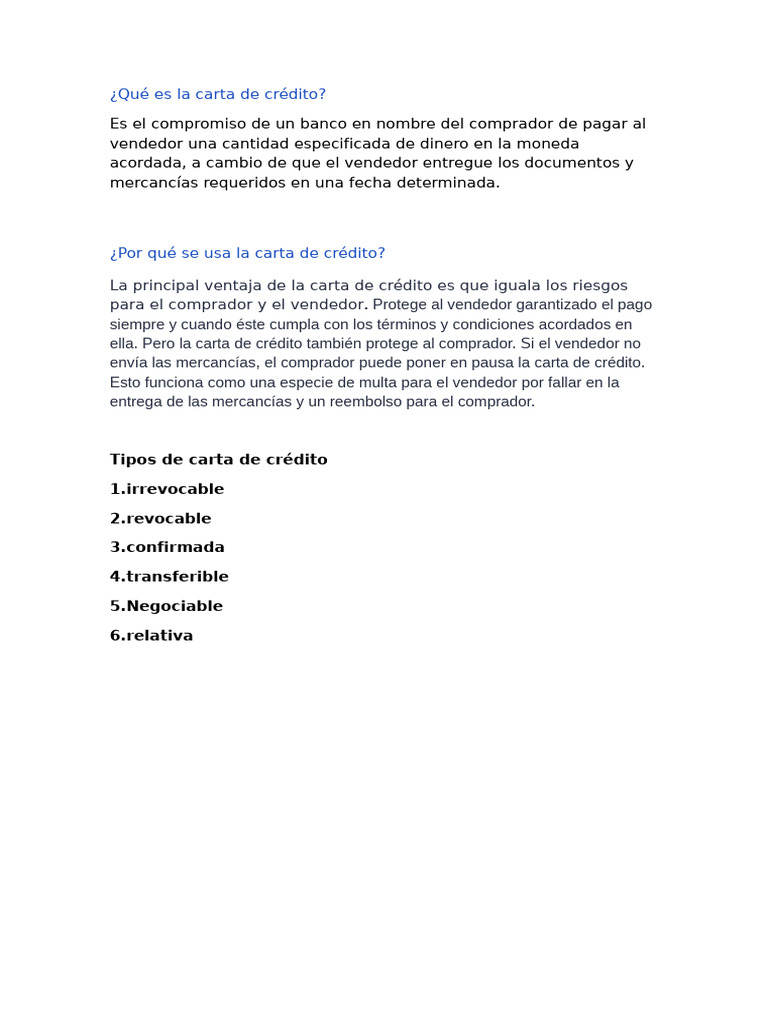 Tipos y beneficios de cartas de crédito | PDF | Finanzas y dinero