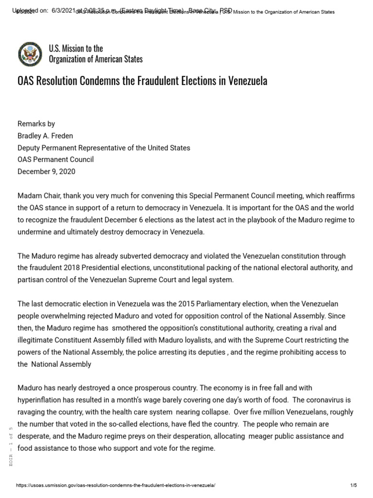 Oas Resolution | PDF | Nicolás Maduro | Venezuela