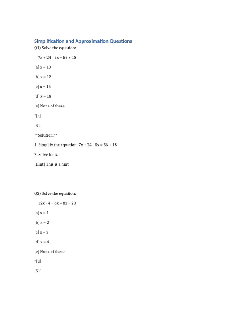 Algebra Equation Solutions Quiz | PDF | Equations