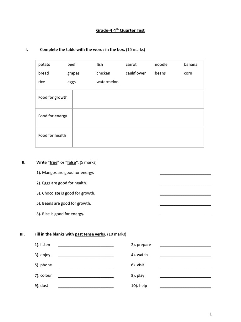Grade 4 4th Quarter Test Pdf Foods
