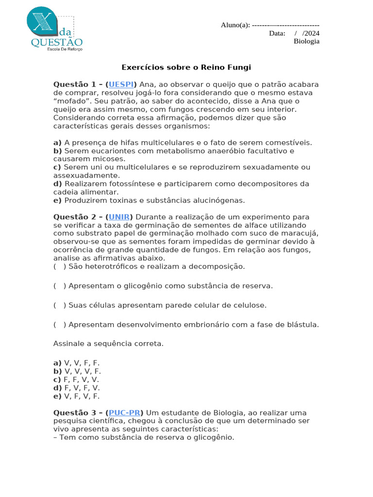 Exercícios Sobre o Reino Fungi | PDF | Fungo | Eucariotas