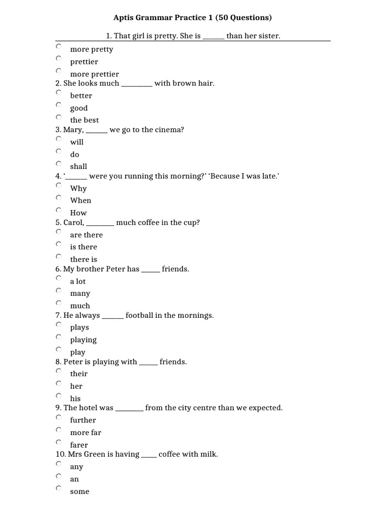 Aptis Grammar Practice Questions | PDF