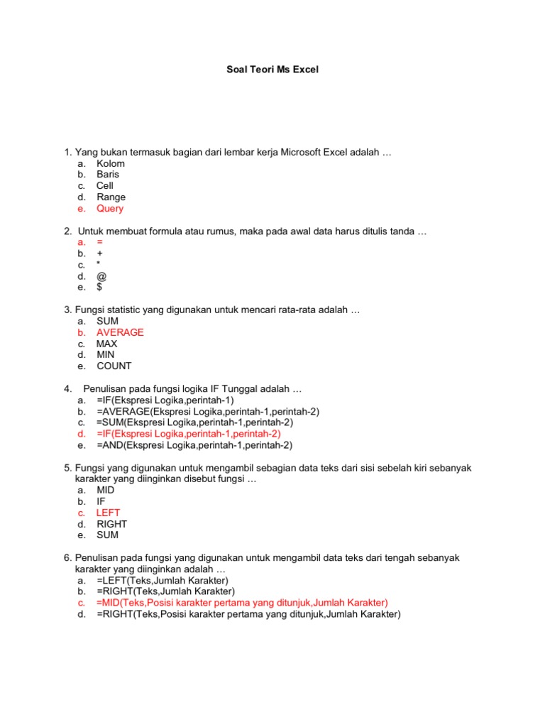 Soal Teori Ms Excel