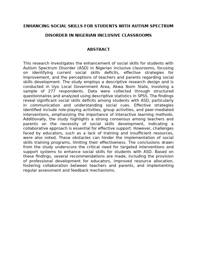 Enhancing Social Skills For Students With Autism Spectrum Disorder in ...