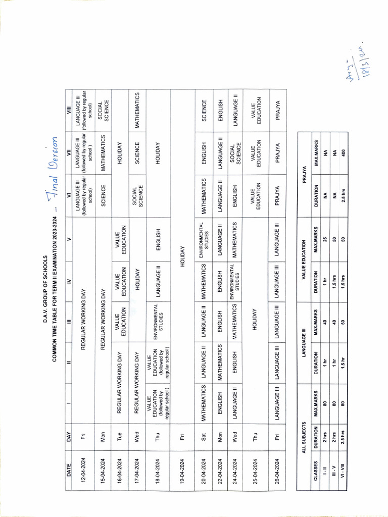 Final Term II Common Time Table For TERM II (2023-2024) Classes I To ...