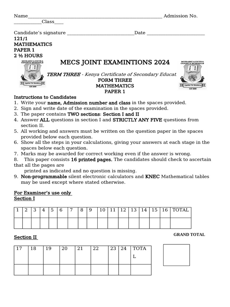 KCSE 2024 Mathematics Paper 1 Exam | PDF | Area | Perpendicular