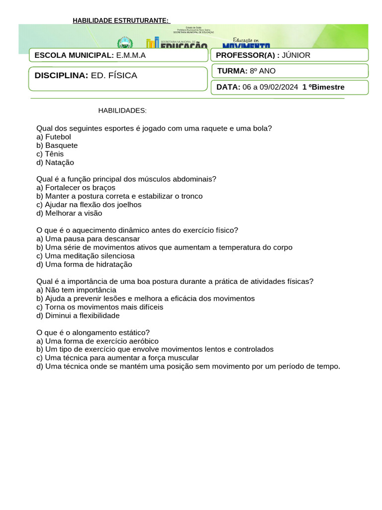 Atividades de Educação Física - 8º Ano | PDF