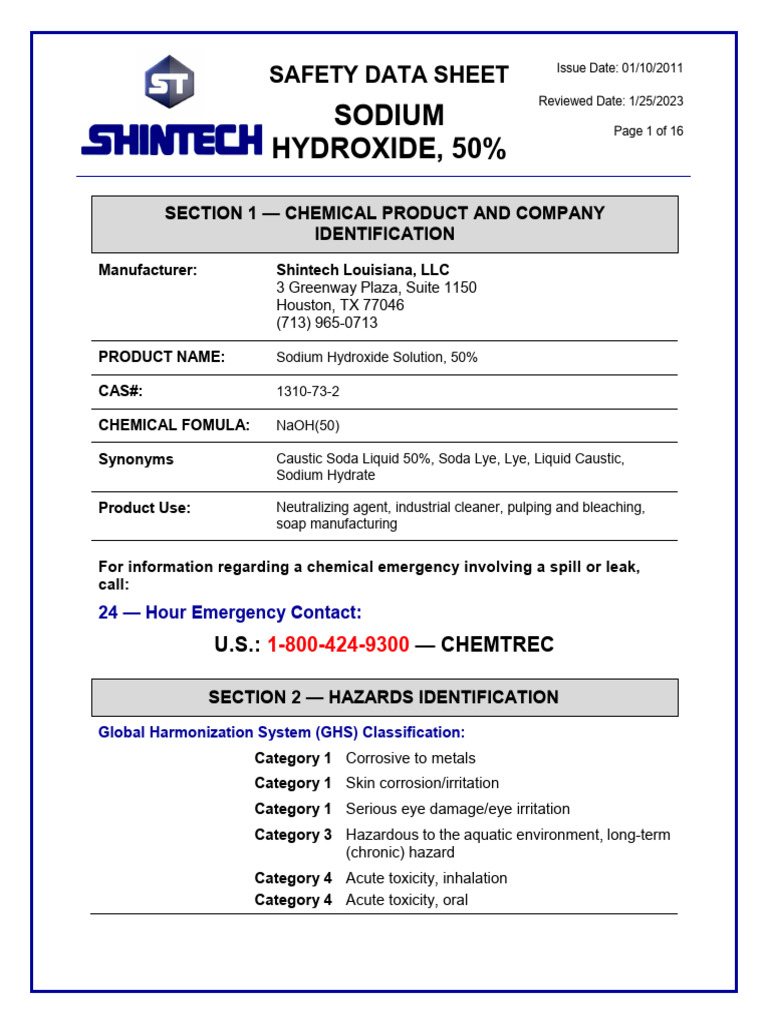 Sodium Hydroxide 50% Safety Data Sheet | PDF | Sodium Hydroxide | Toxicity