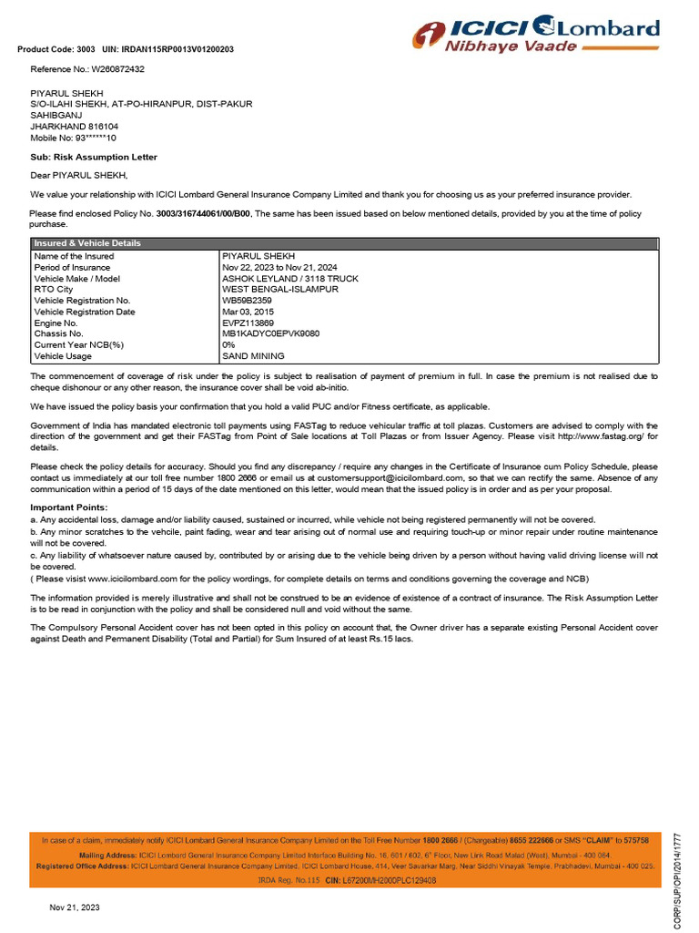 Sub: Risk Assumption Letter: Insured & Vehicle Details | PDF | Insurance