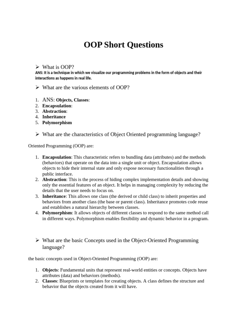 OOP_Short_Questions Full | PDF | Class (Computer Programming ...