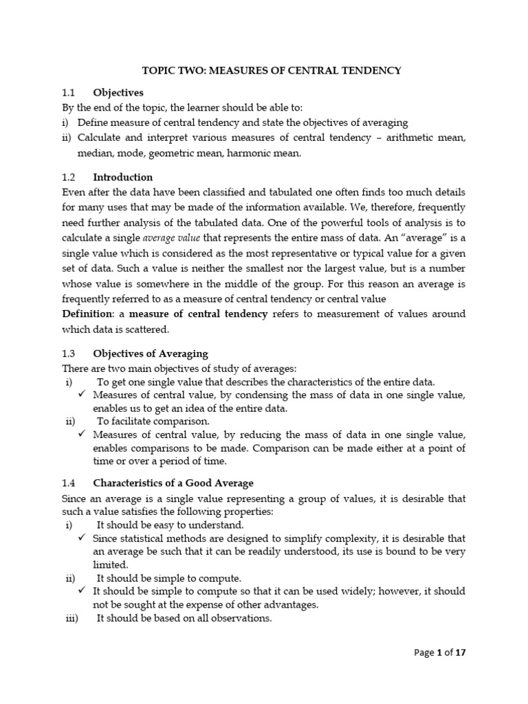 STA 111 Topic 2 Notes | PDF | Average | Mean