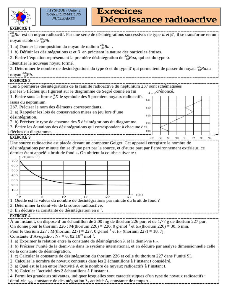Exercices corrigés sur la radioactivité | PDF | Radioactivité | Noyau ...
