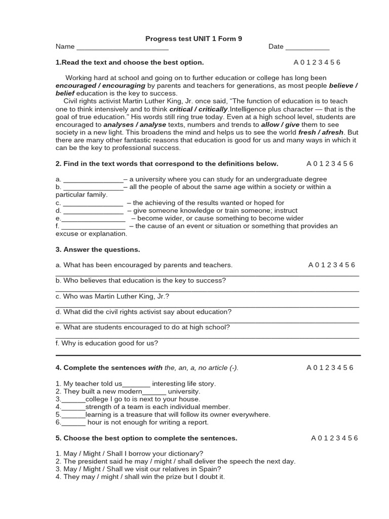 Progress Test Unit 1 Cl 9 Pdf Career Growth