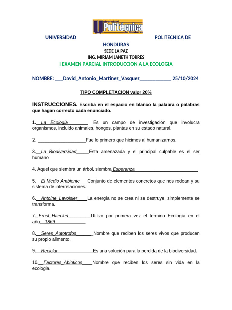 Examen Parcial de Ecología | PDF | Ecología | Entorno natural