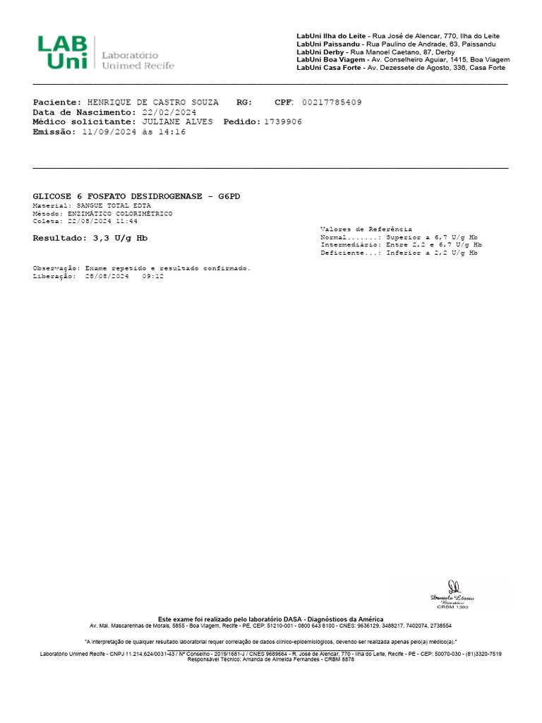 Exame G6PD - LabUni Paissandu e Casa Forte | PDF | Medicina Clínica