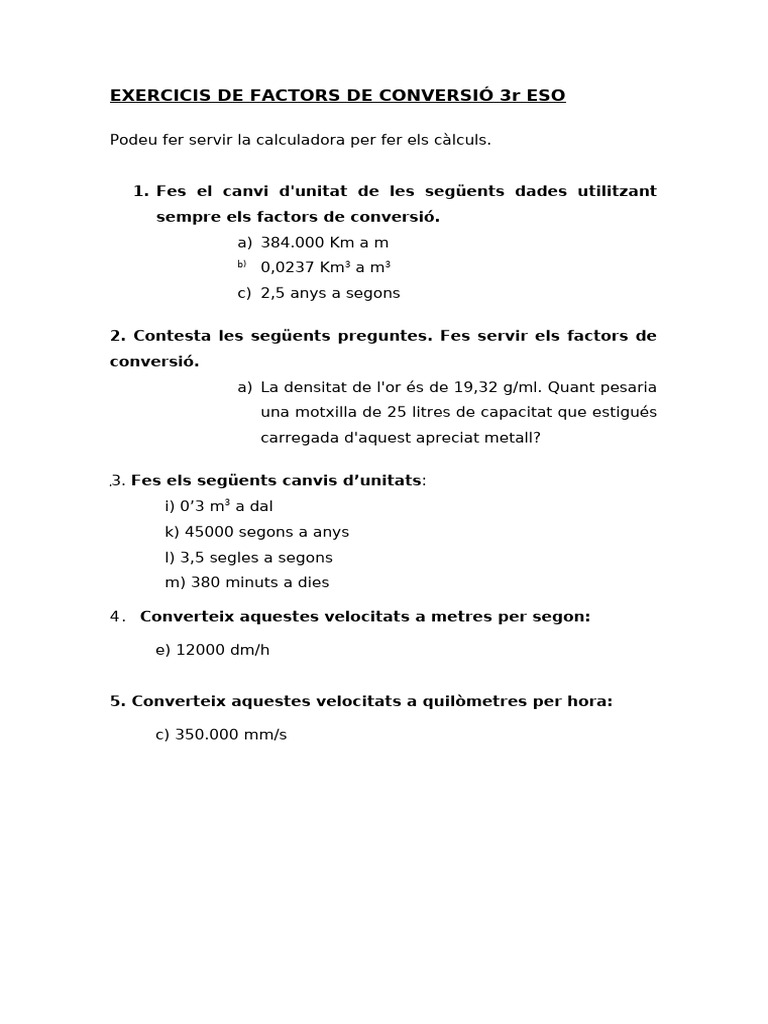 Exercicis Factors de Conversió | PDF