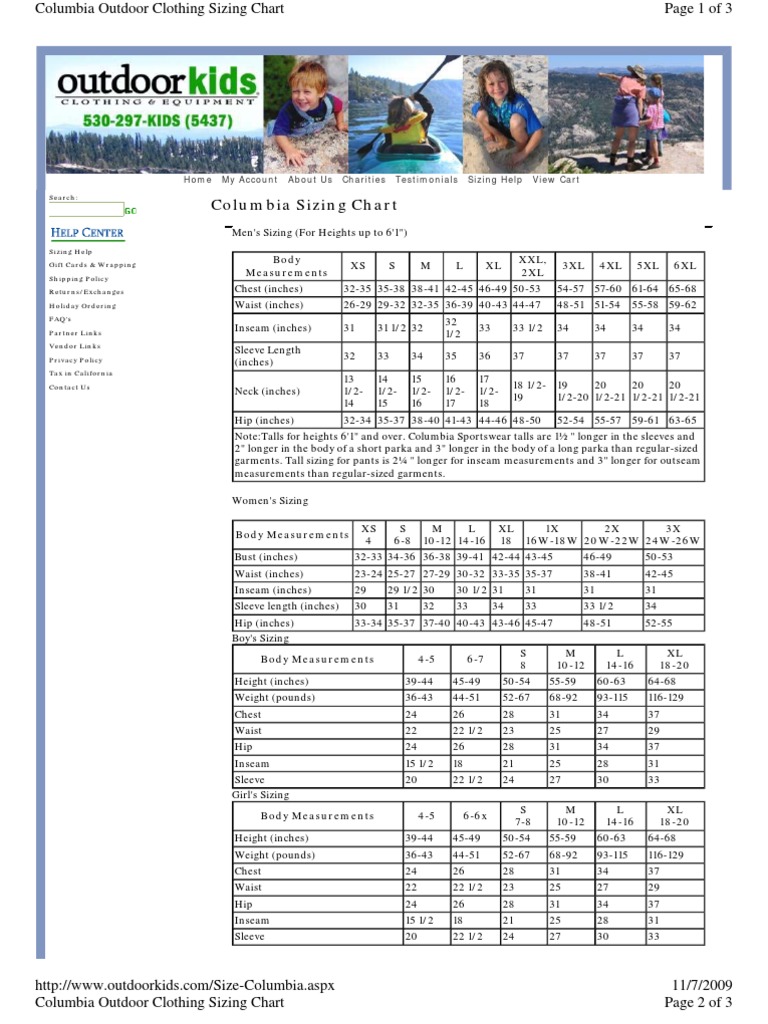 Columbia Outdoor Clothing Sizing Chart Waist Clothing