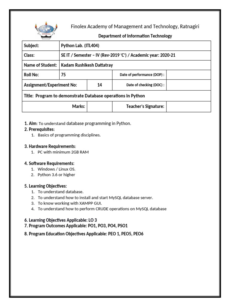 70 Python Experiment No. 14 Nakhwa Arman Anis | PDF | Sql | Database ...